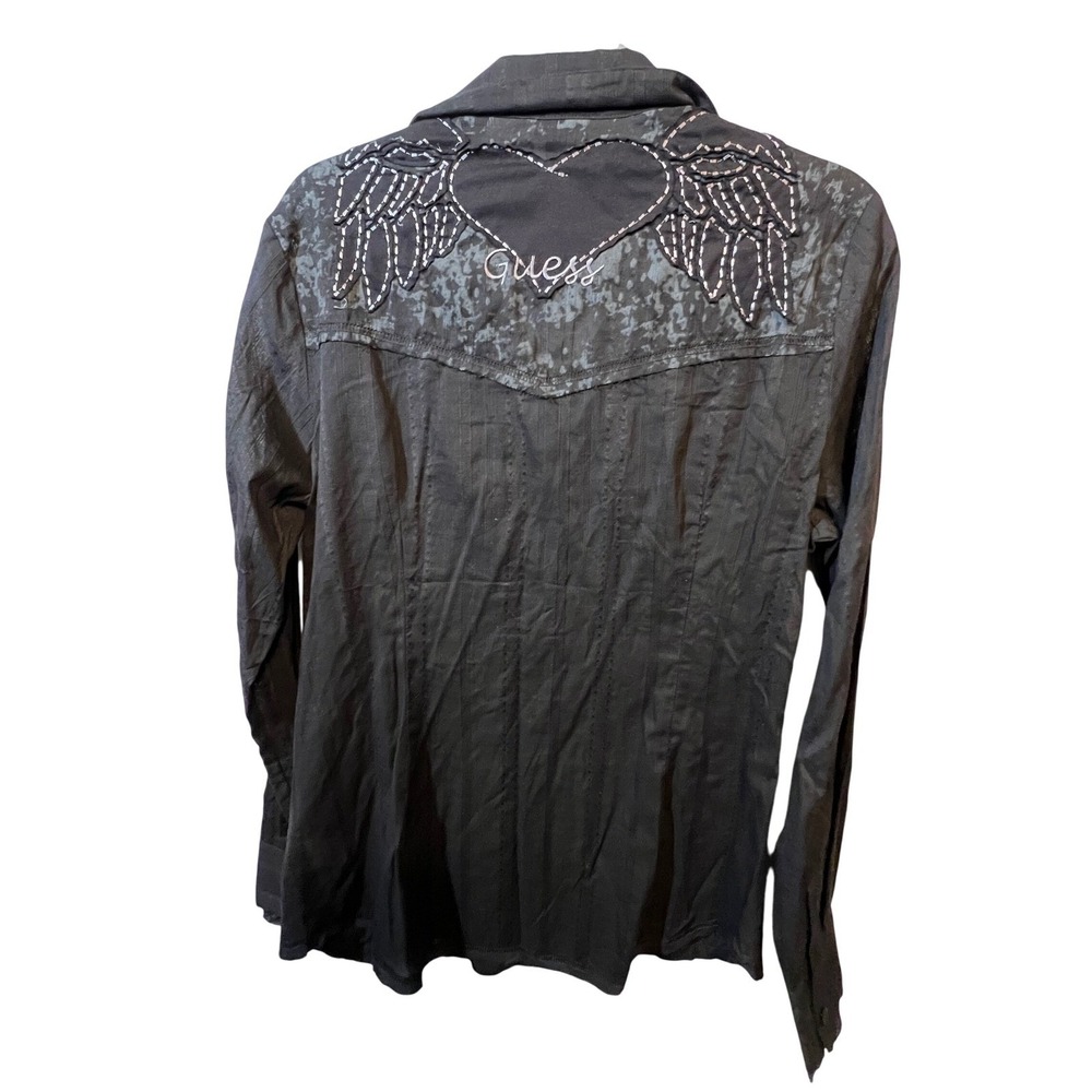 Guess Womens Button Down Shirt Angel Wings Heart XL Black Dobby Stripe Blouse